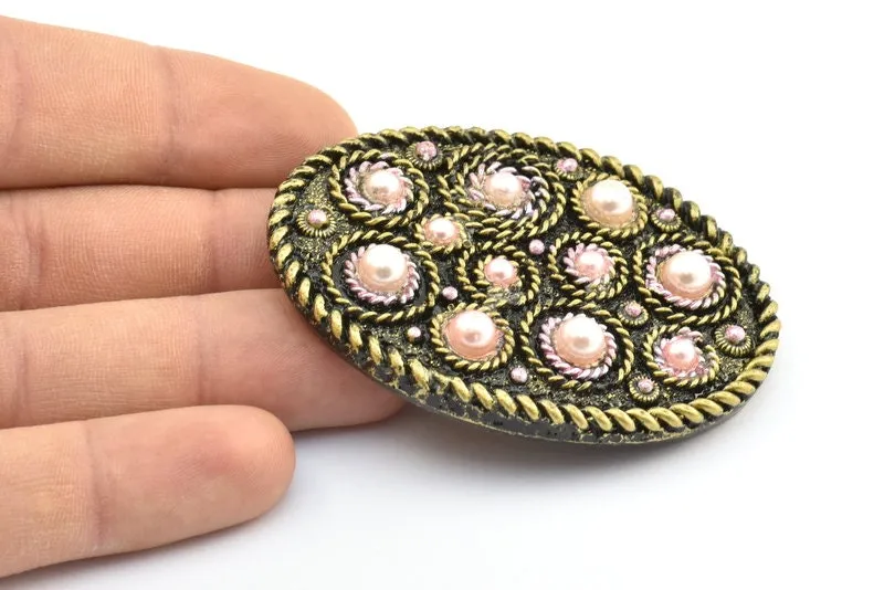 1 Vintage Handcraft Belt Buckle With Pink Plastic Pearls - Made in Germany 67x49mm YS02