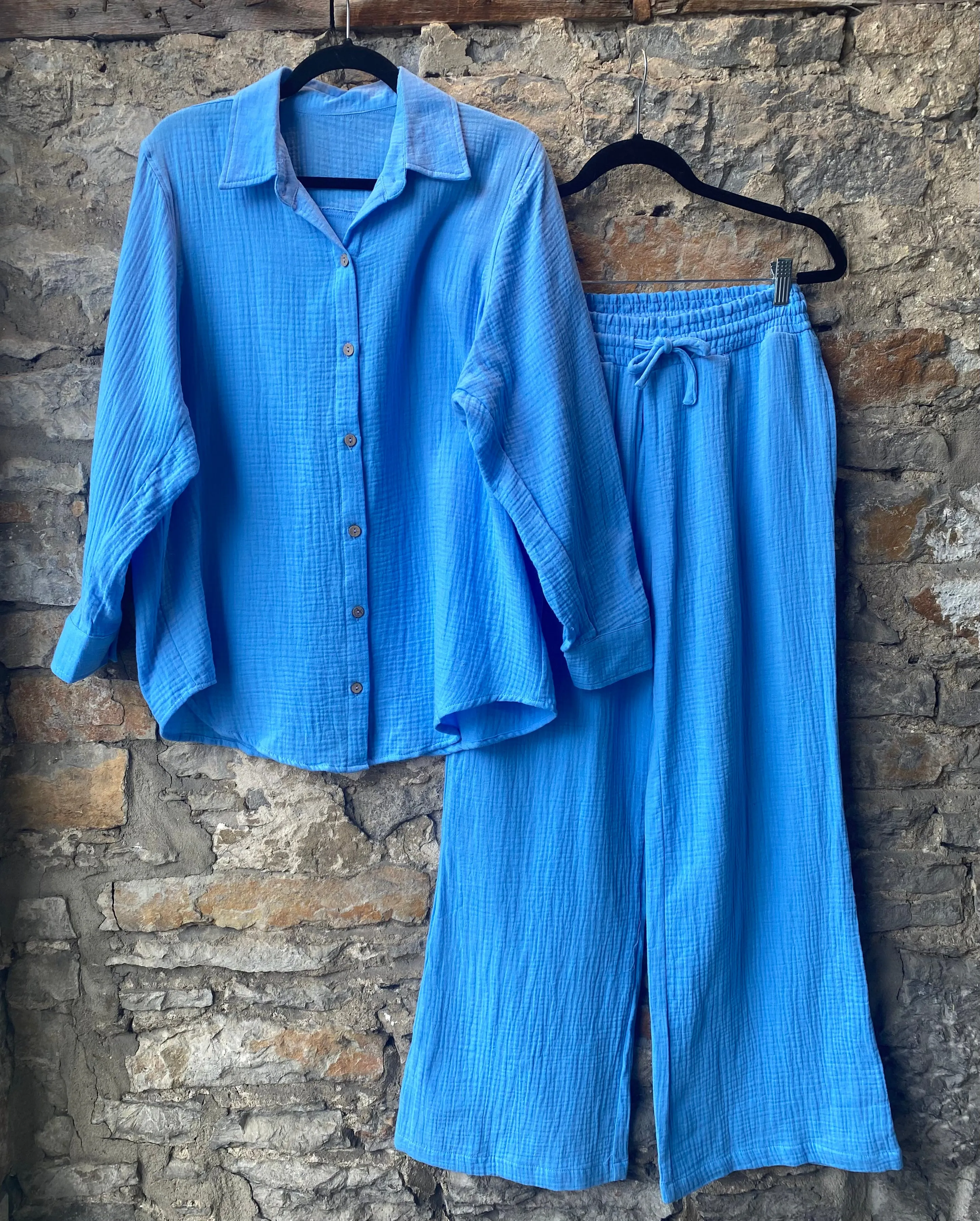 2 pc 100% Cotton Gauze Long Sleeve Shirt and Wide Leg Pant Set - Blue