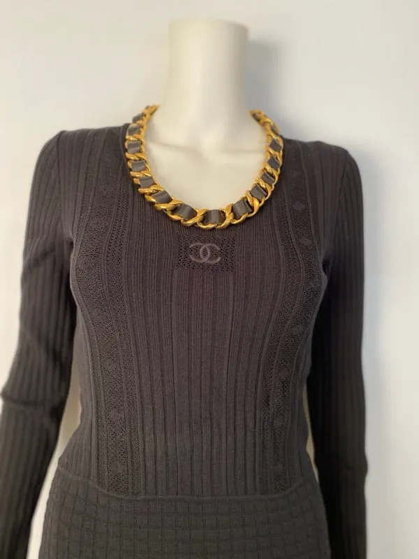 95A Chanel Vintage Rare black leather gold metal chain belt necklace Accessory Small Sz 2