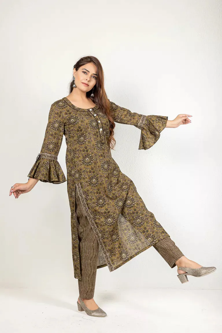 Army Green Cotton Printed Kurta With Pants Set