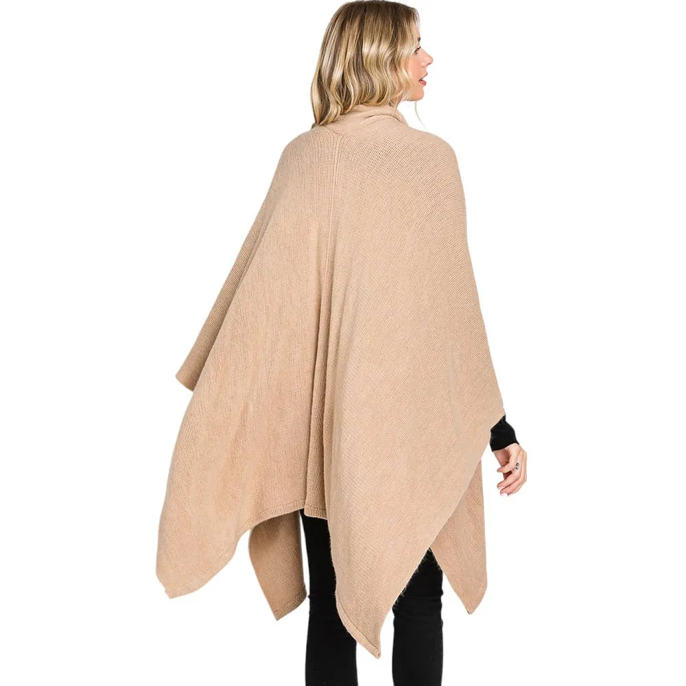 Attached Scarf Solid Cape Poncho With Neckline Tie