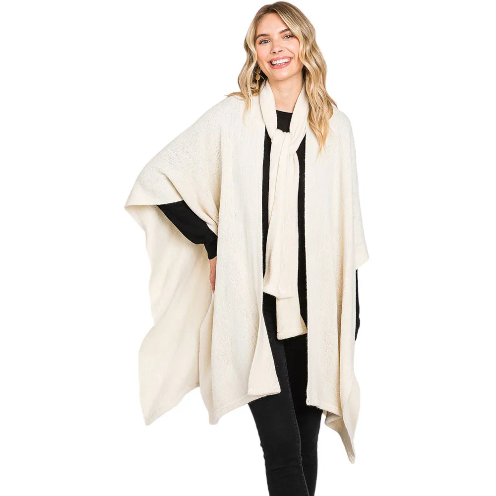 Attached Scarf Solid Cape Poncho With Neckline Tie