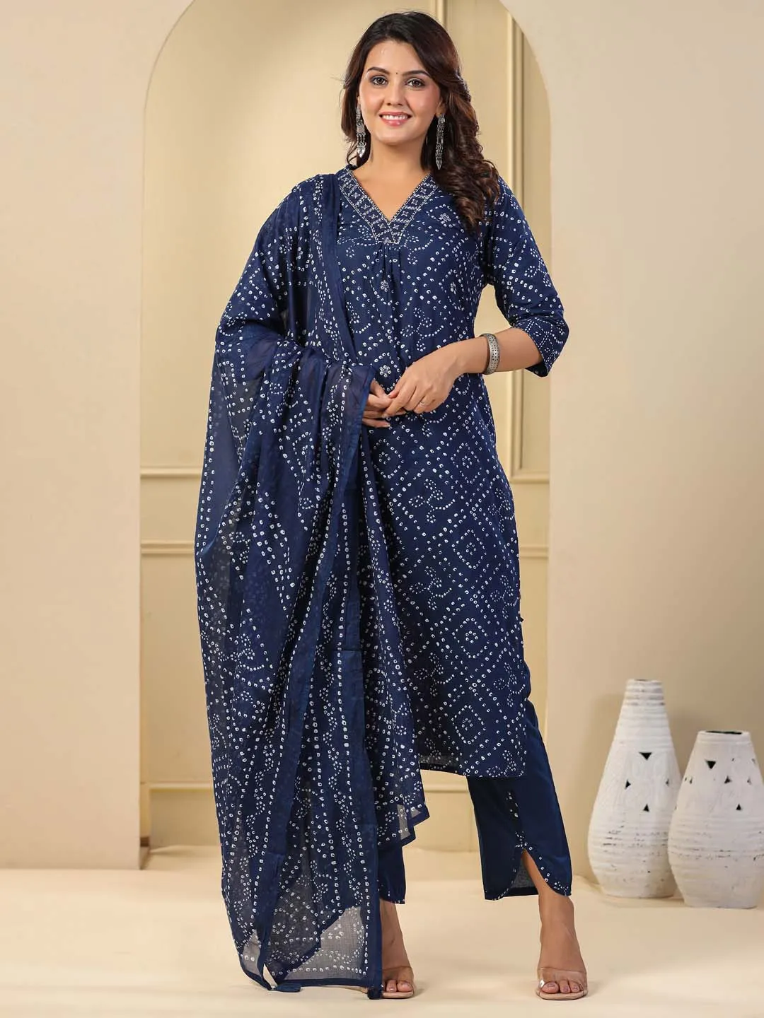 Bandhani Printed Cotton Kurta With Pants & Dupatta