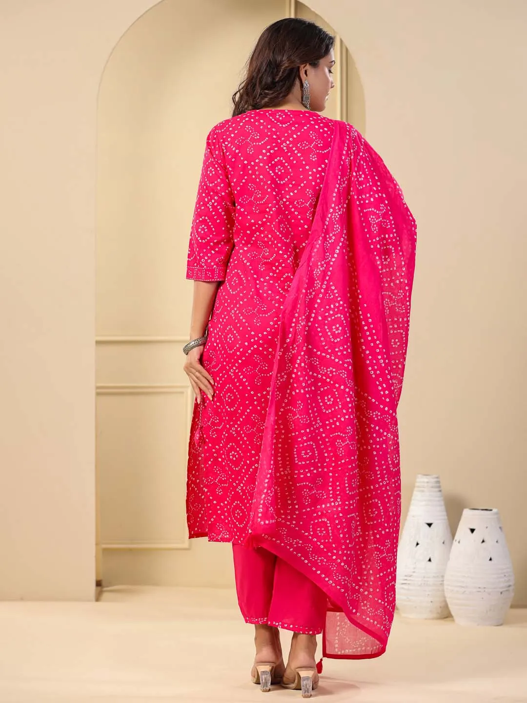 Bandhani Printed Cotton Kurta With Pants & Dupatta