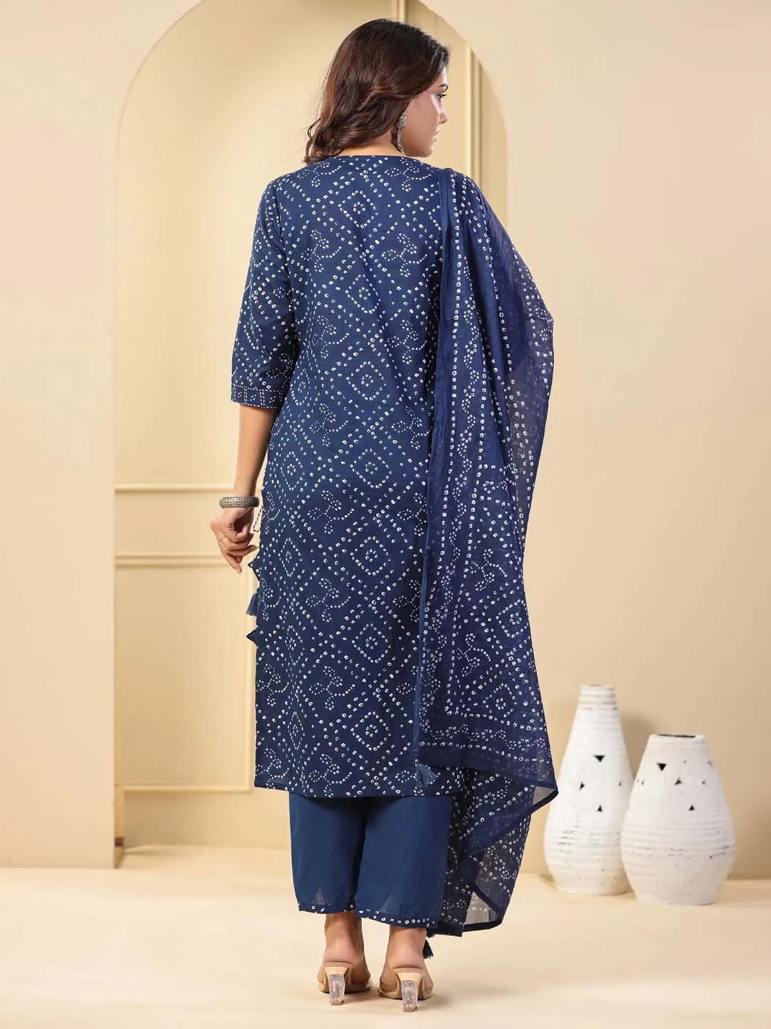 Bandhani Printed Cotton Kurta With Pants & Dupatta