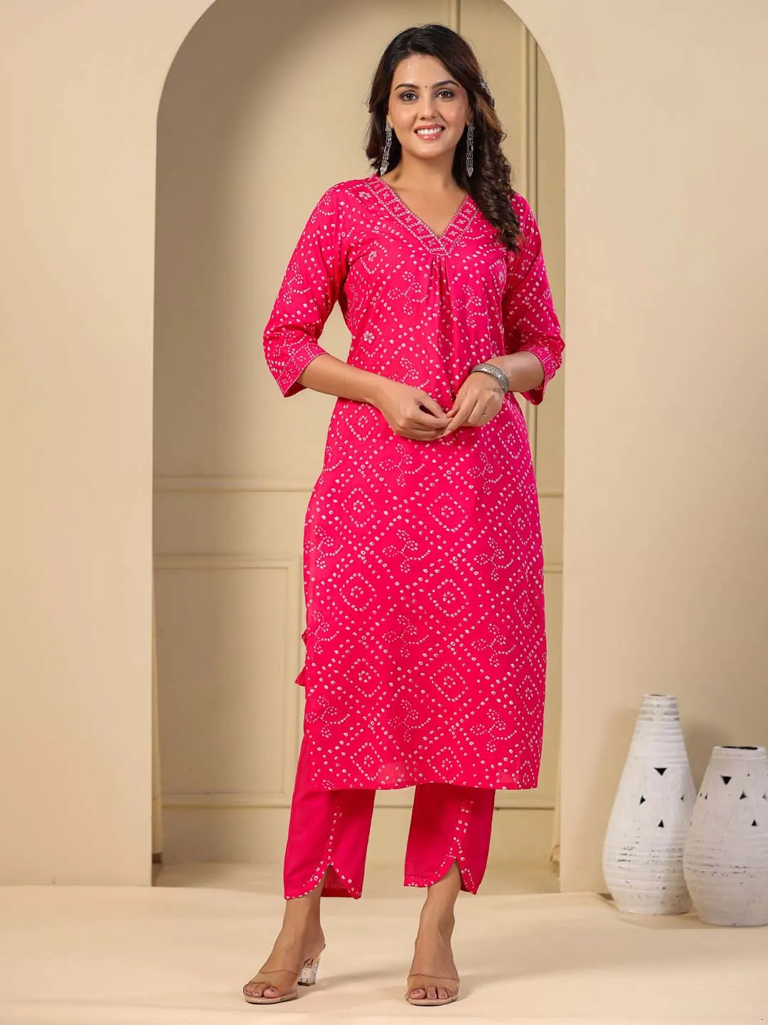 Bandhani Printed Cotton Kurta With Pants & Dupatta