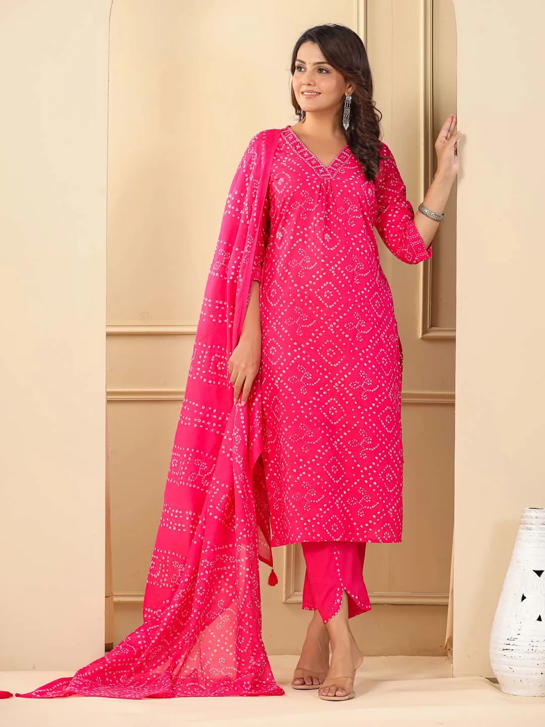 Bandhani Printed Cotton Kurta With Pants & Dupatta