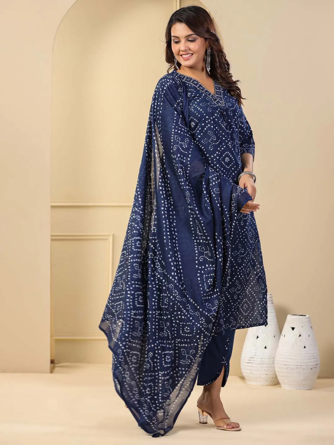 Bandhani Printed Cotton Kurta With Pants & Dupatta