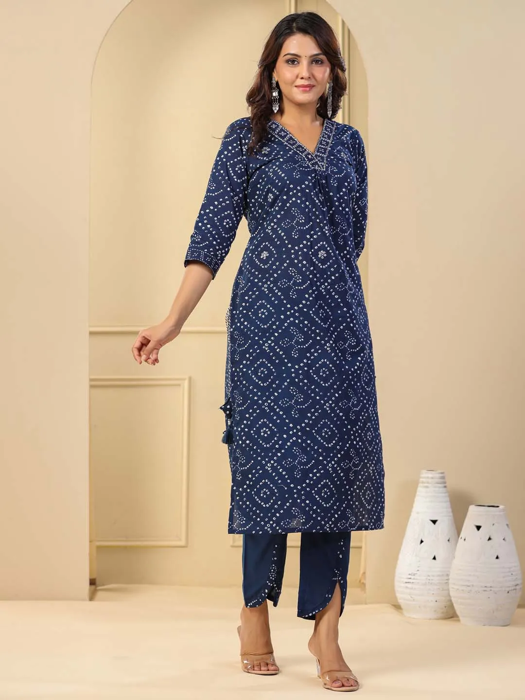 Bandhani Printed Cotton Kurta With Pants & Dupatta