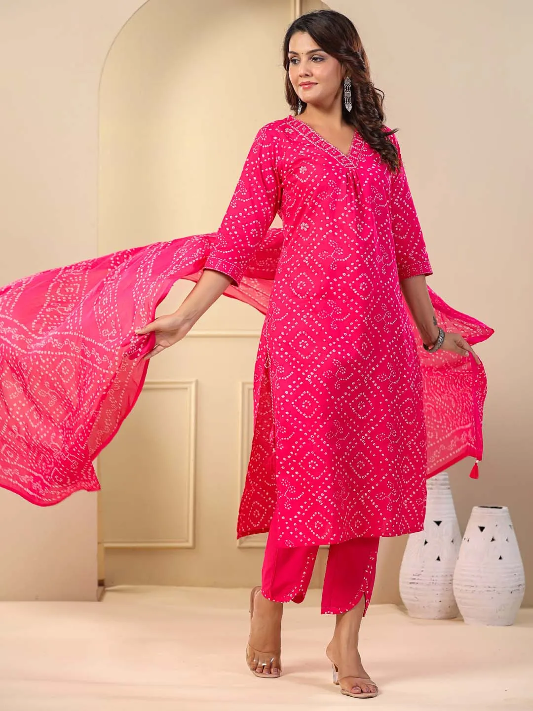 Bandhani Printed Cotton Kurta With Pants & Dupatta