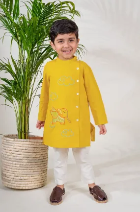 Boy Elephant Kurta Pyjama Set - Yellow