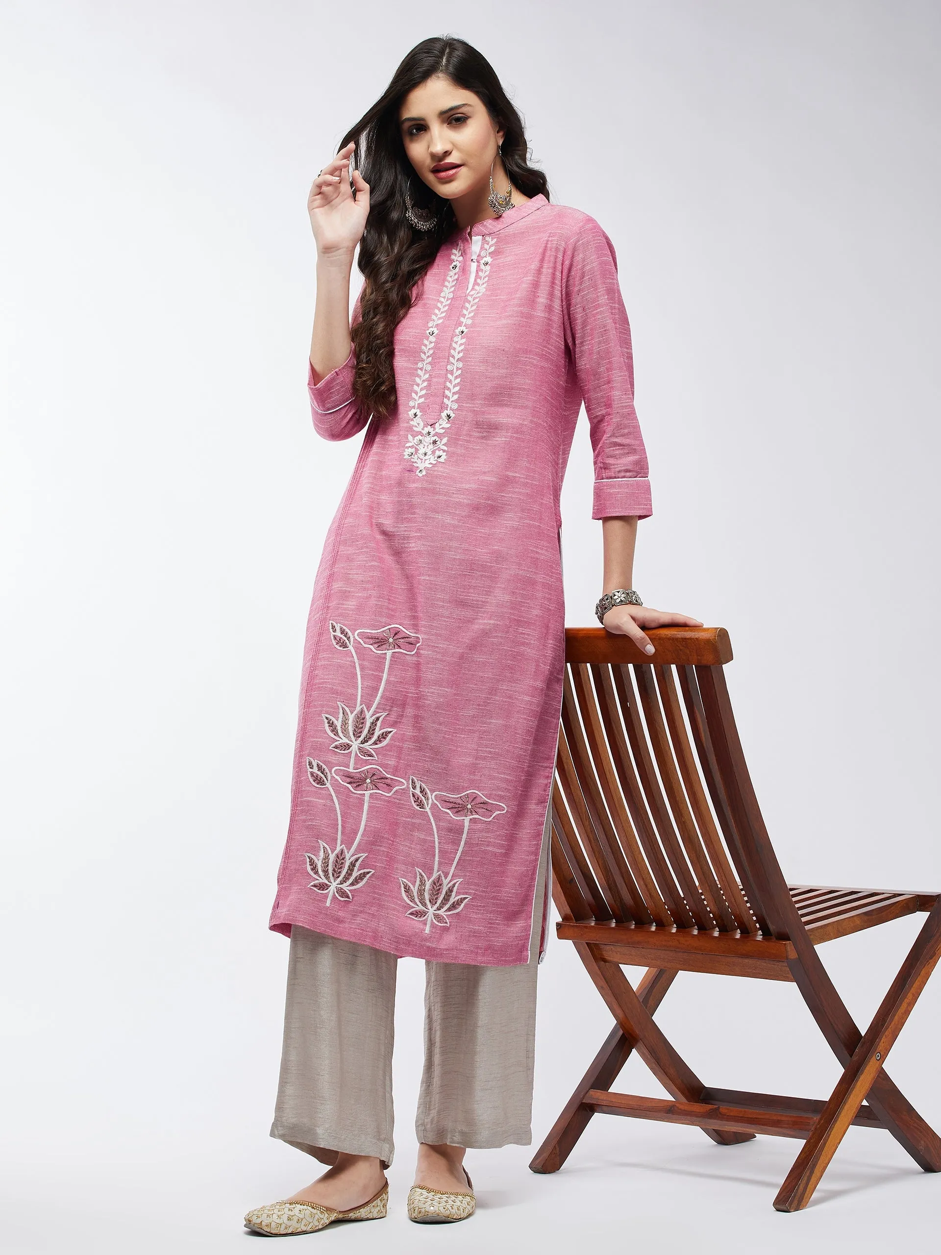 Chambray Floral Embroidered Kurta