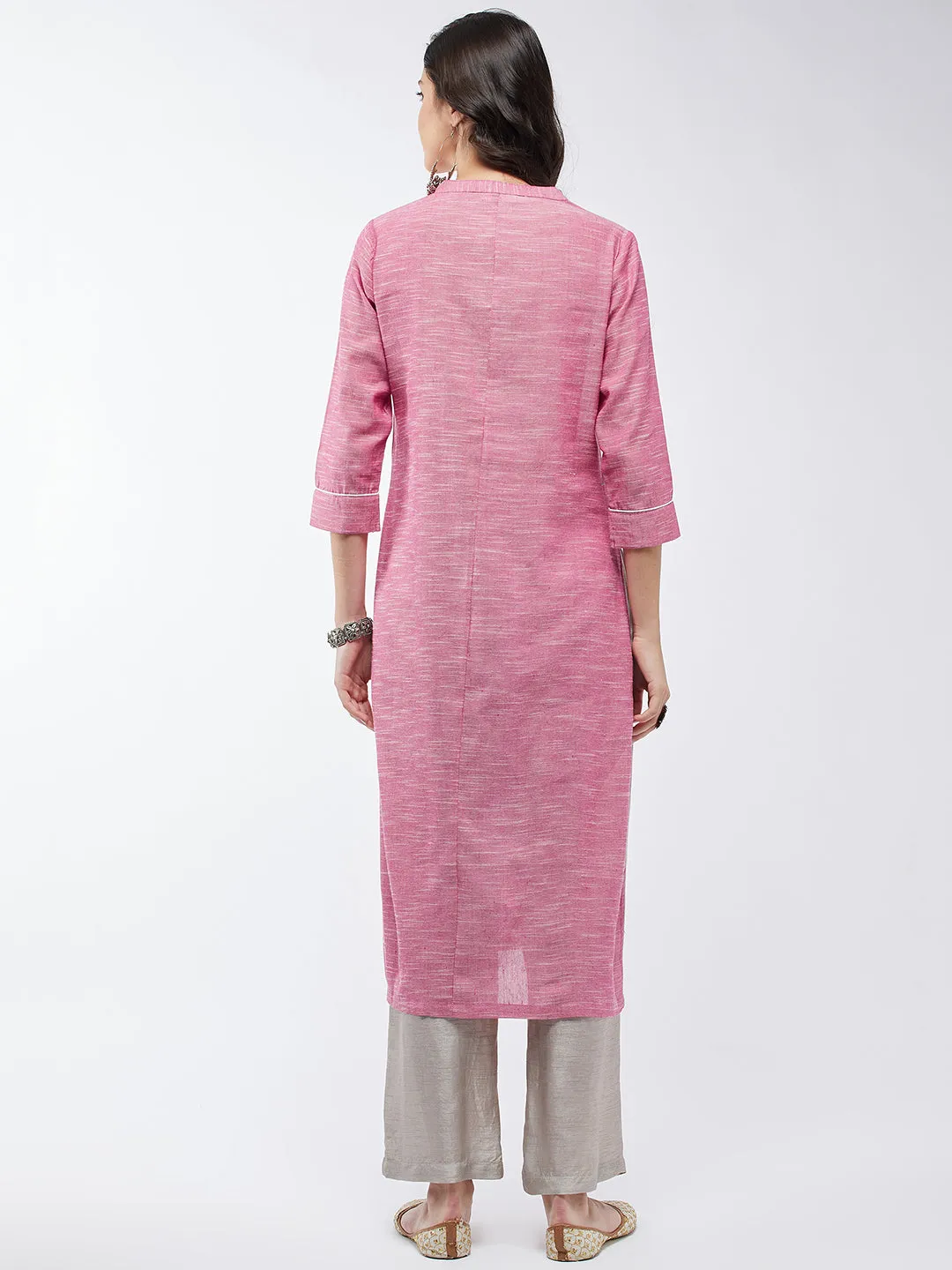 Chambray Floral Embroidered Kurta