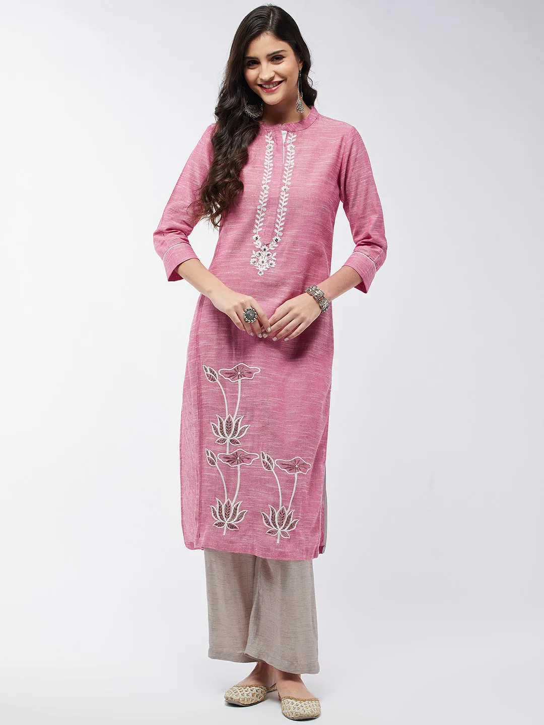 Chambray Floral Embroidered Kurta