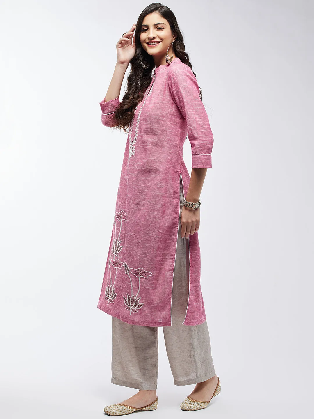 Chambray Floral Embroidered Kurta