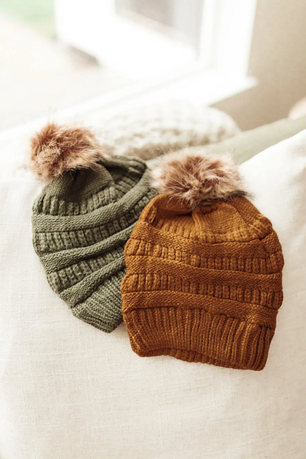 Faux Fur Pom Pom Beanie In Olive