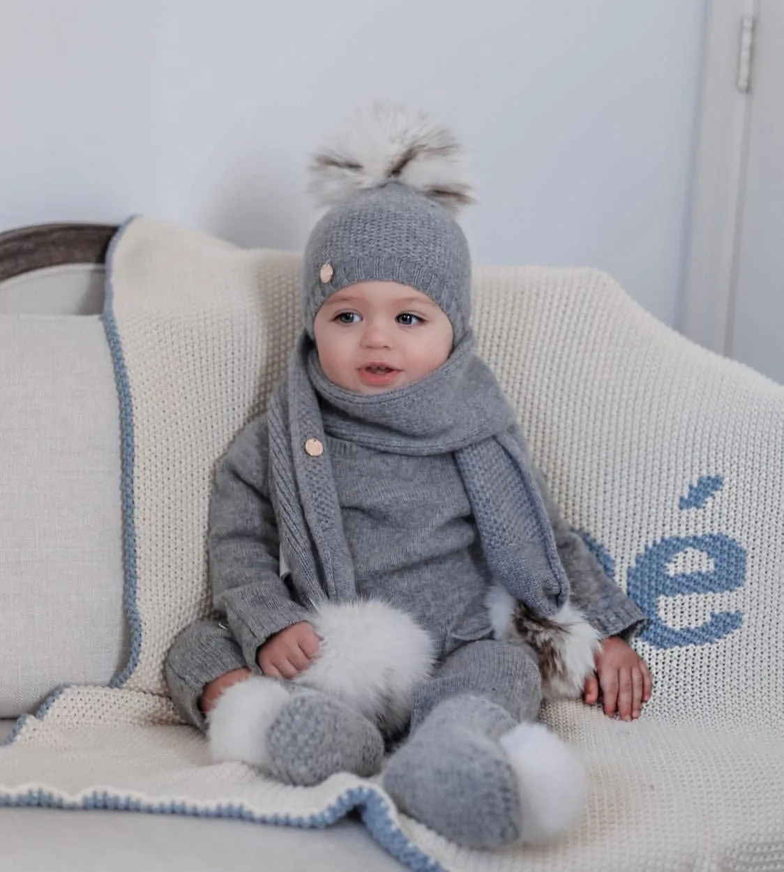 Honeycomb Grey Cashmere Pom Scarf