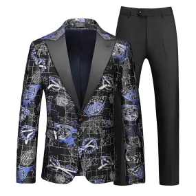 Men's 2-piece Single-breasted Printed Business Suit Blue