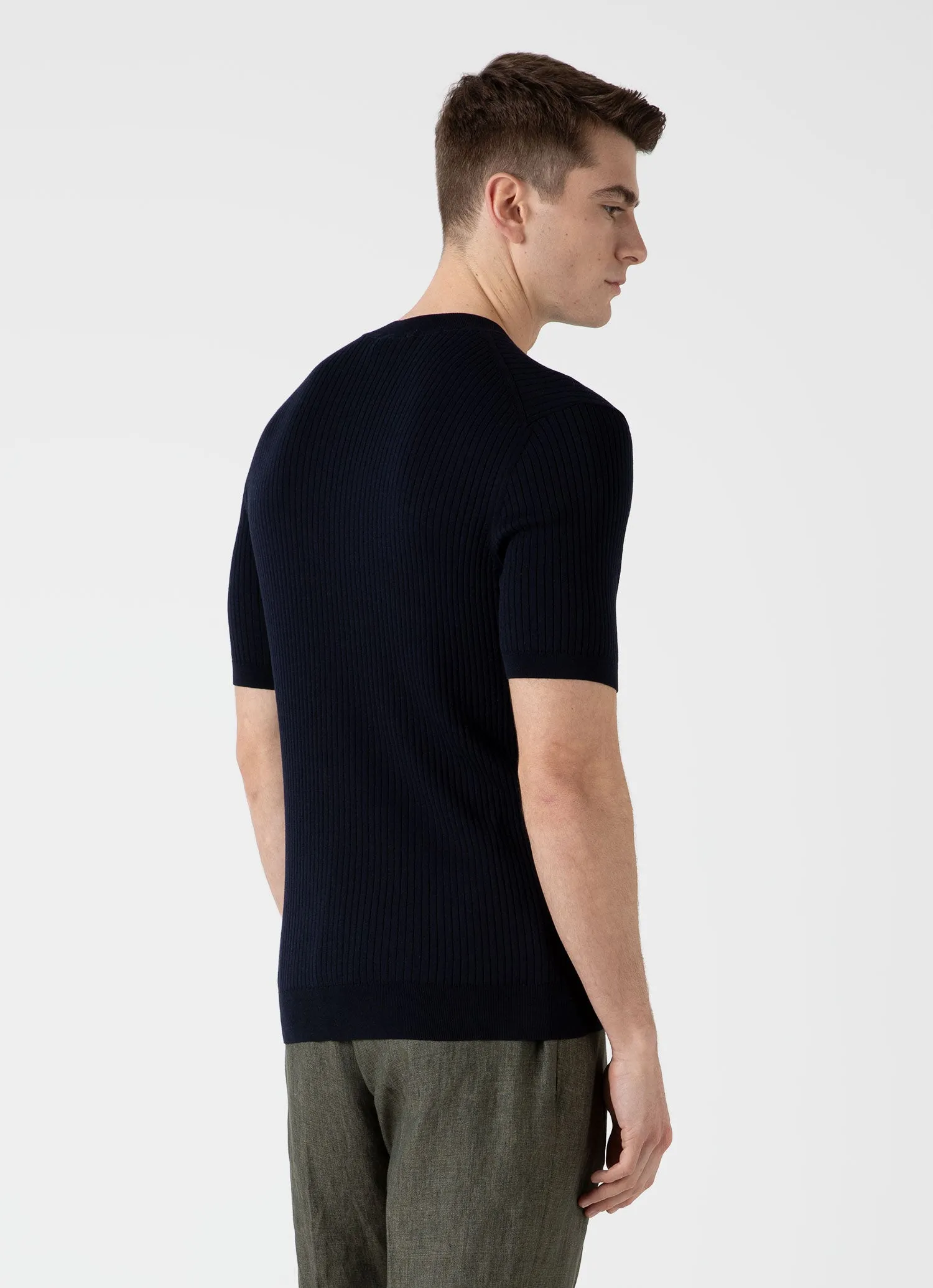 Men's Fine Rib Silk Cotton T-shirt in Navy