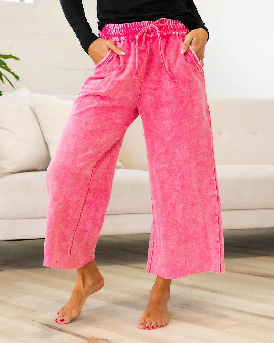 NEW! Mineral Wash Wide Leg Lounge Pants - Fuchsia