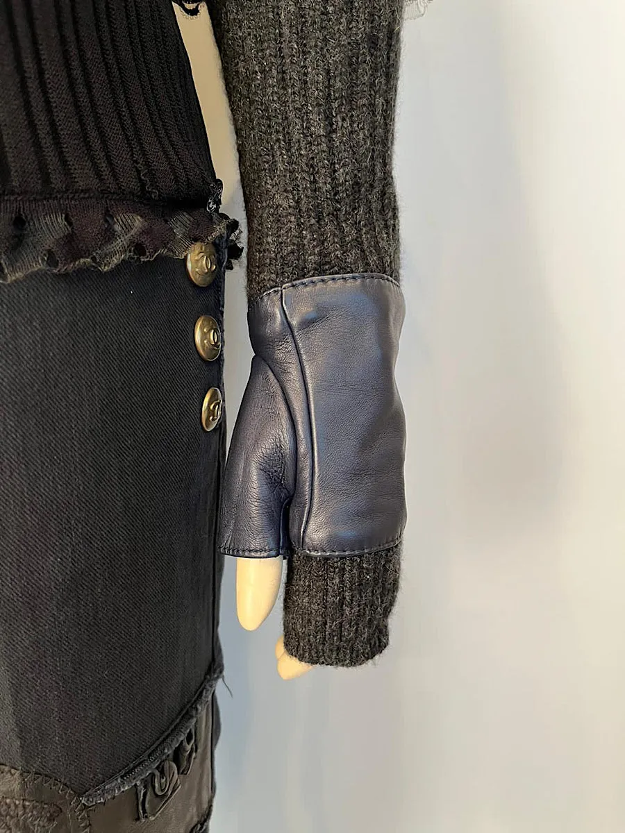 NWT Chanel 2016 16B Leather Cashmere Navy/Black/Dark Grey Fingerless Gloves Size 8