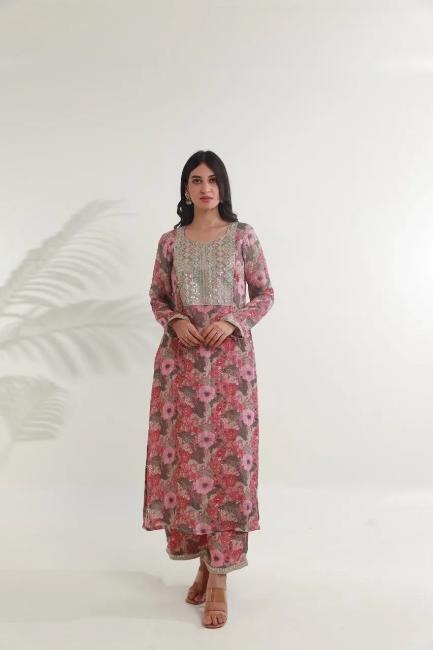 Pink jaal floral digital print viscose chinon fabric kurta set