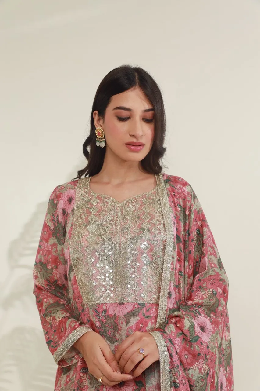 Pink jaal floral digital print viscose chinon fabric kurta set