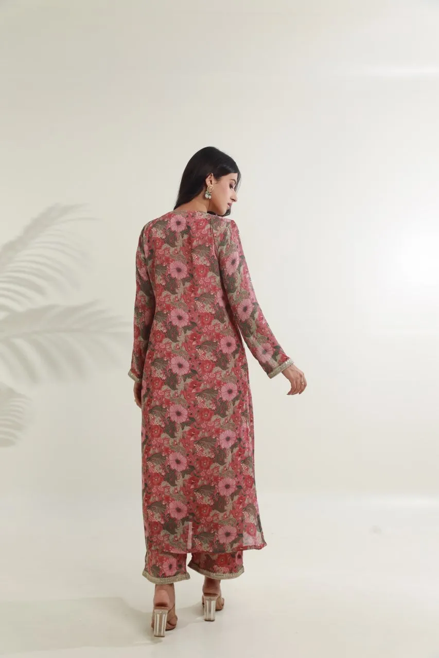 Pink jaal floral digital print viscose chinon fabric kurta set