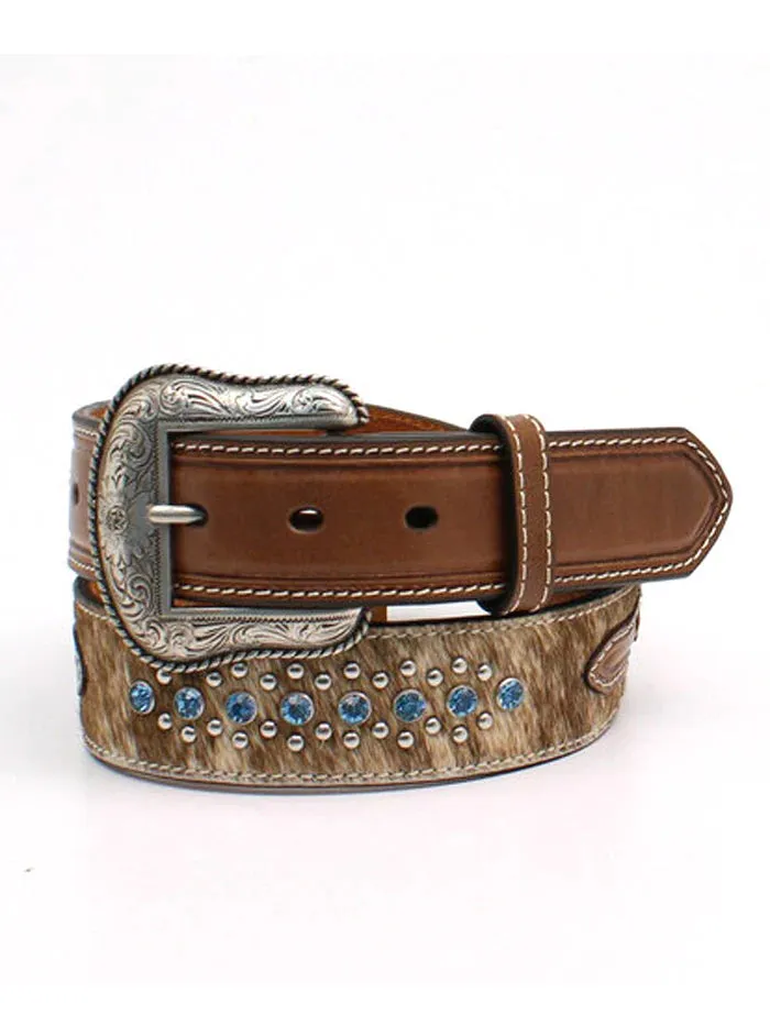 Womens Nocona Calf Hair Blue Stone Concho Belt Brown